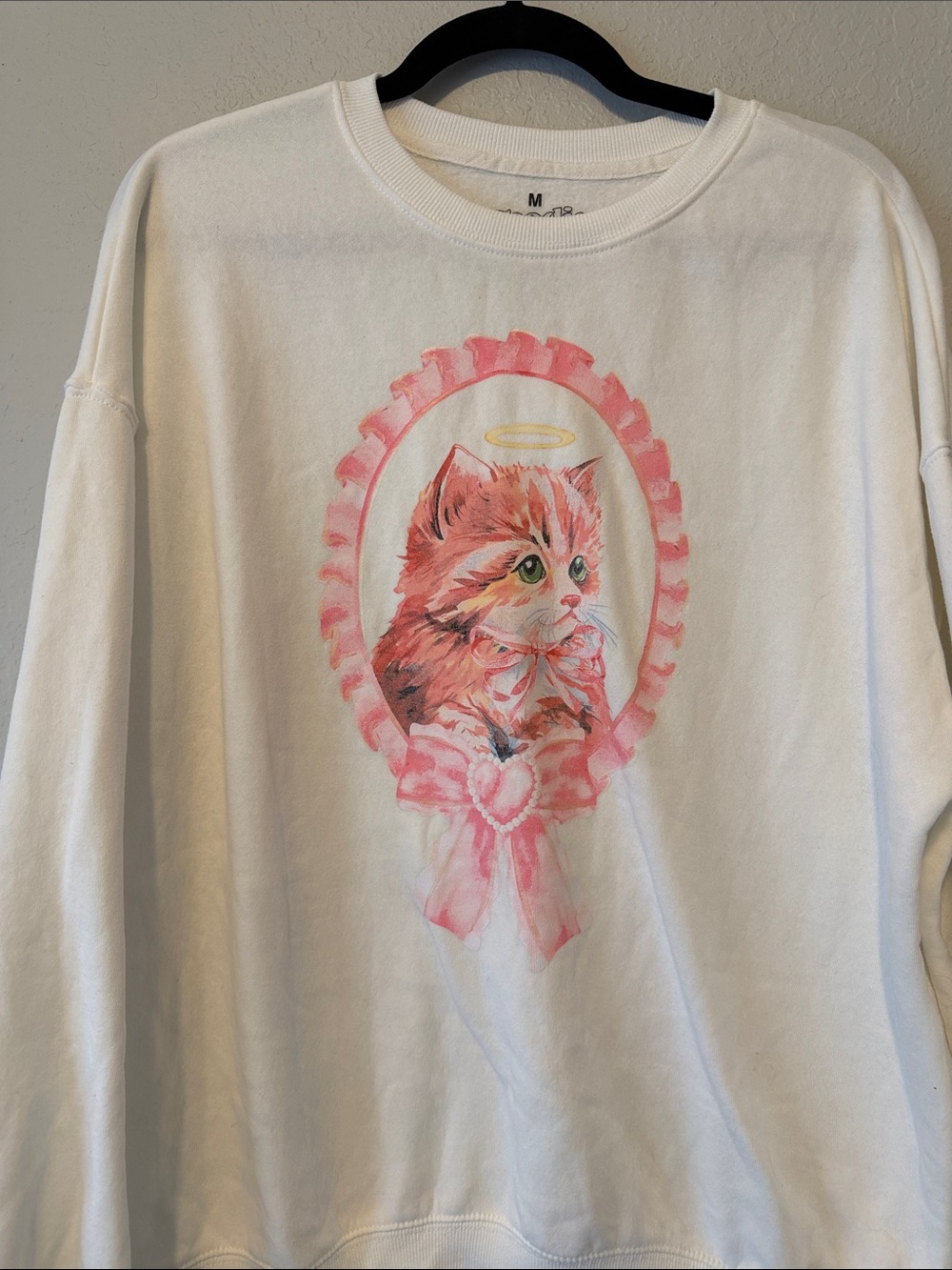 Goodie Two Sleeves White Crewneck Sweater with Pink Kitten Graphic - Picture 3 of 5